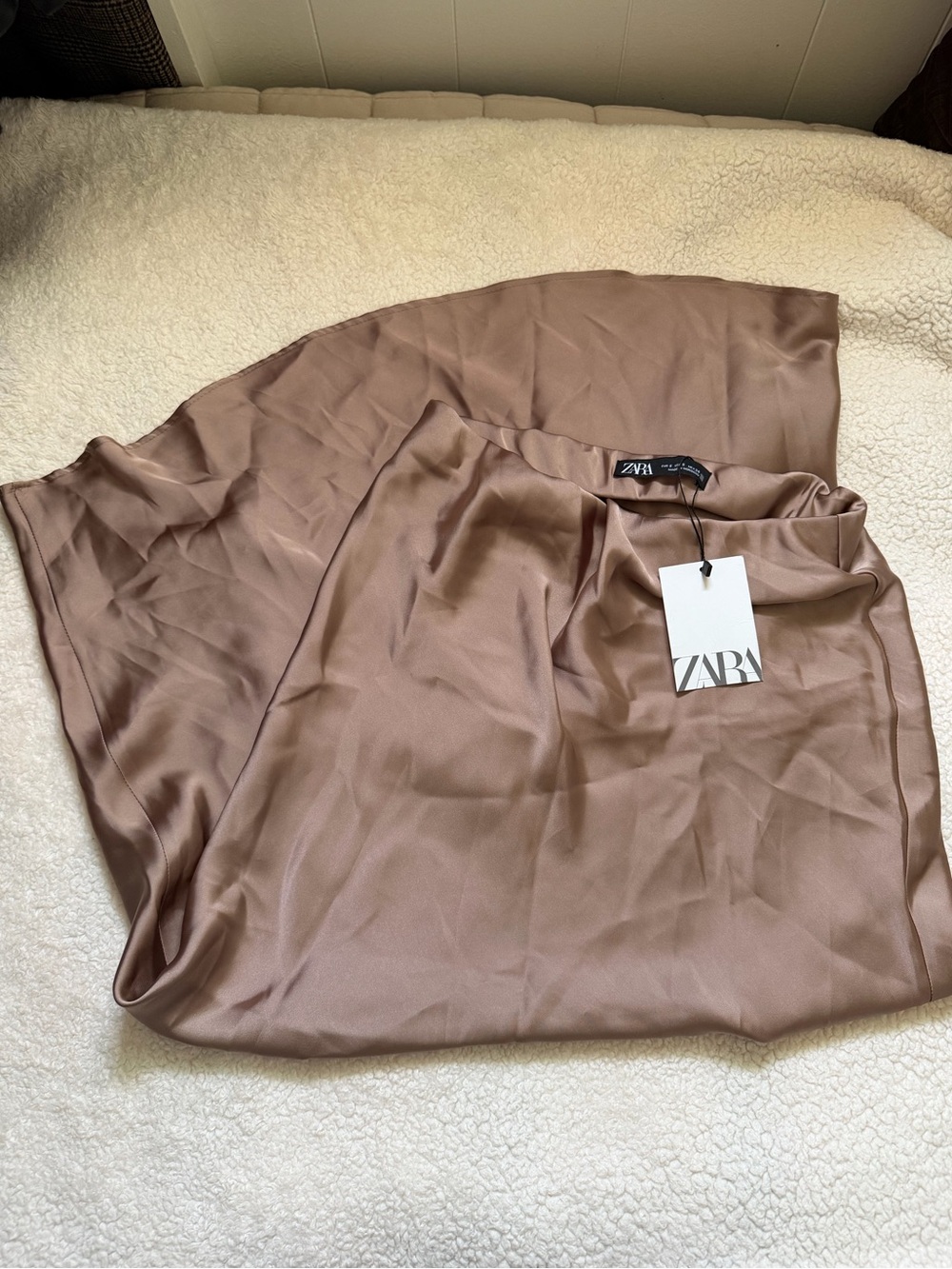 Zara Satin Midi Skirt in Taupe Brown
